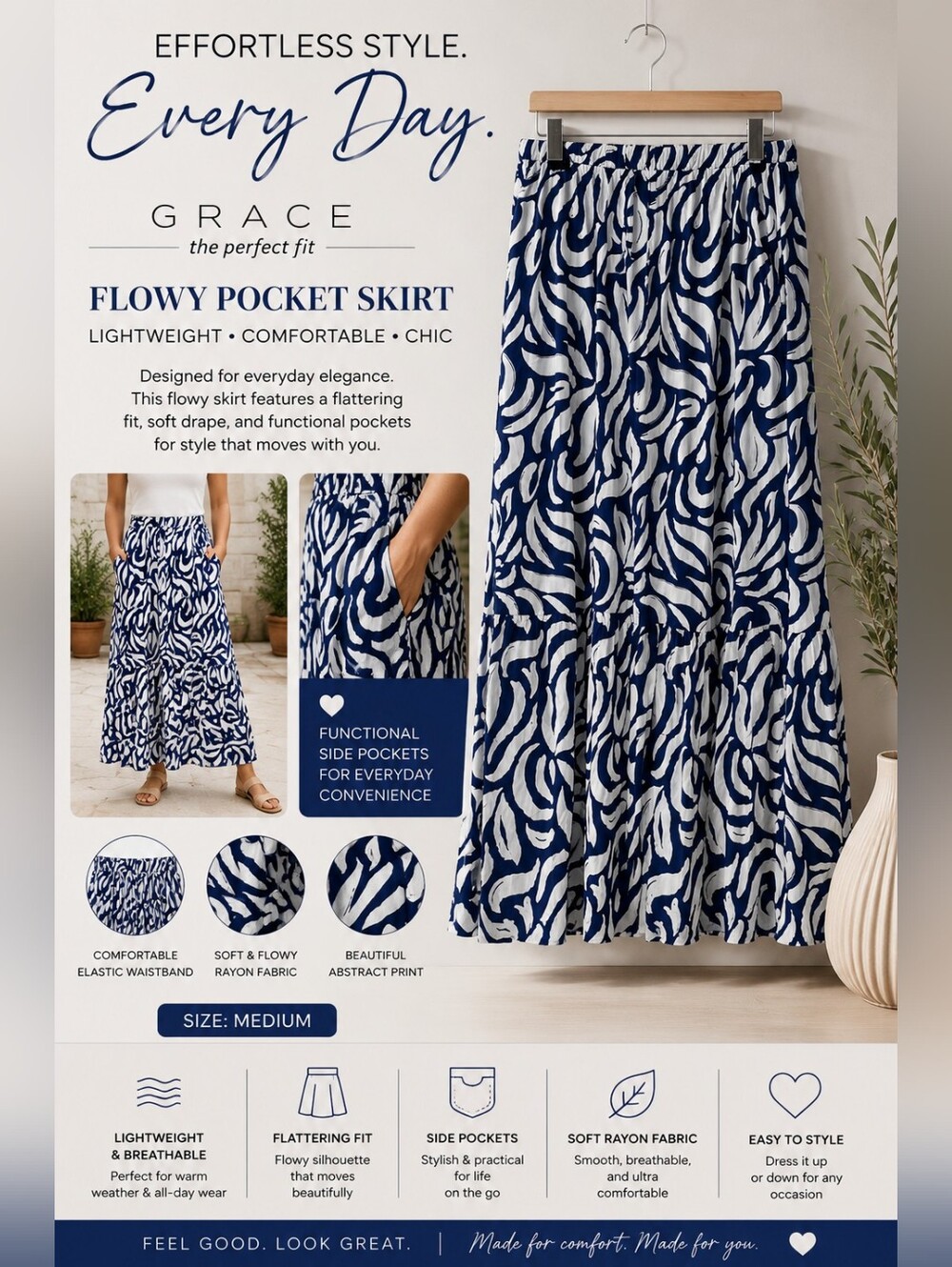 Grace Abstract Blue & Ivory Flowy Pocket Skirt
